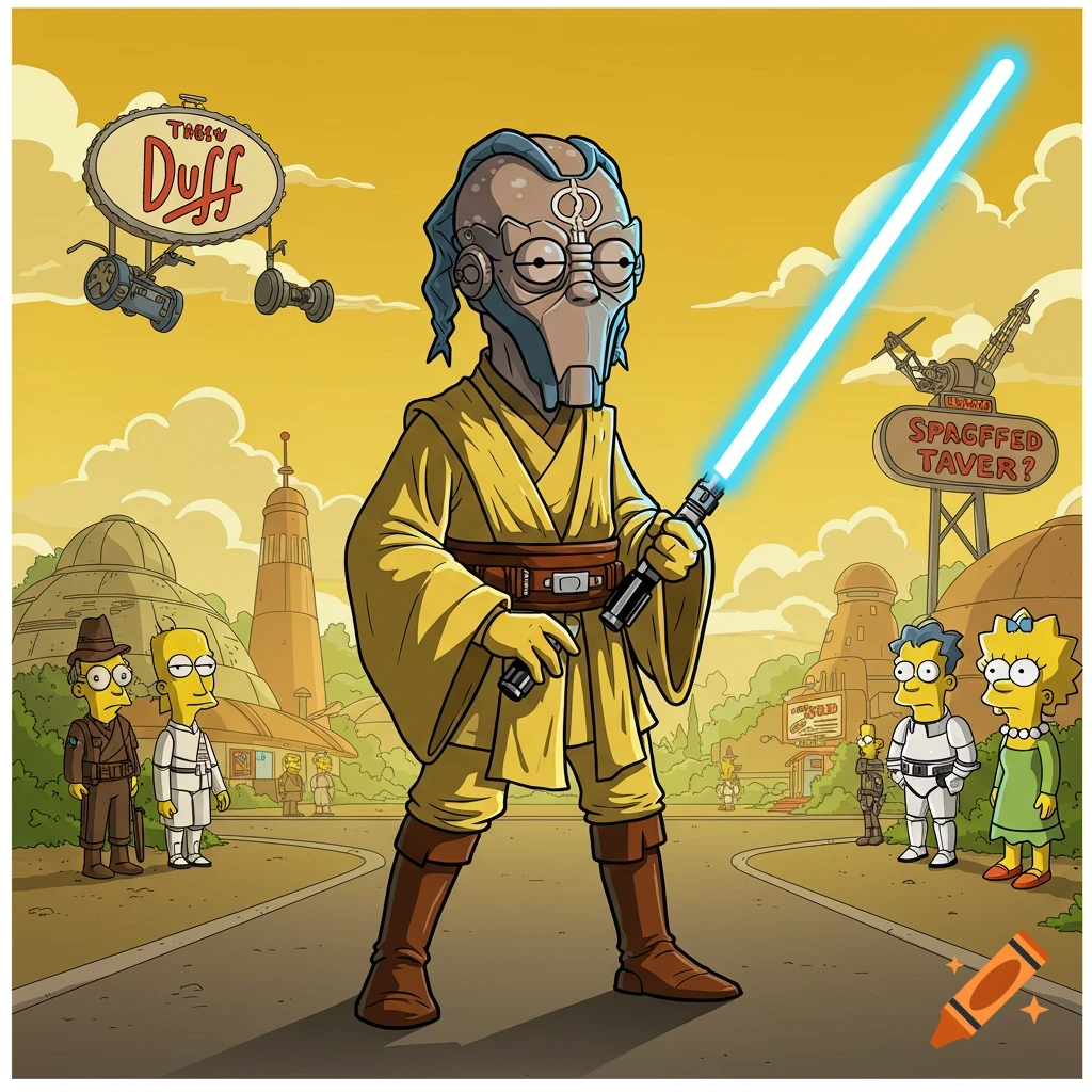 Plo Koon in Simpsons style, holding a lightsaber on a desert planet with Homer, Lisa, and Moe.