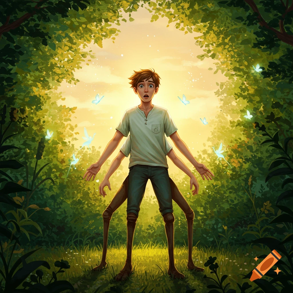 A startled young man with four legs stands in a sunlit forest clearing, surrounded by glowing blue butterflies.