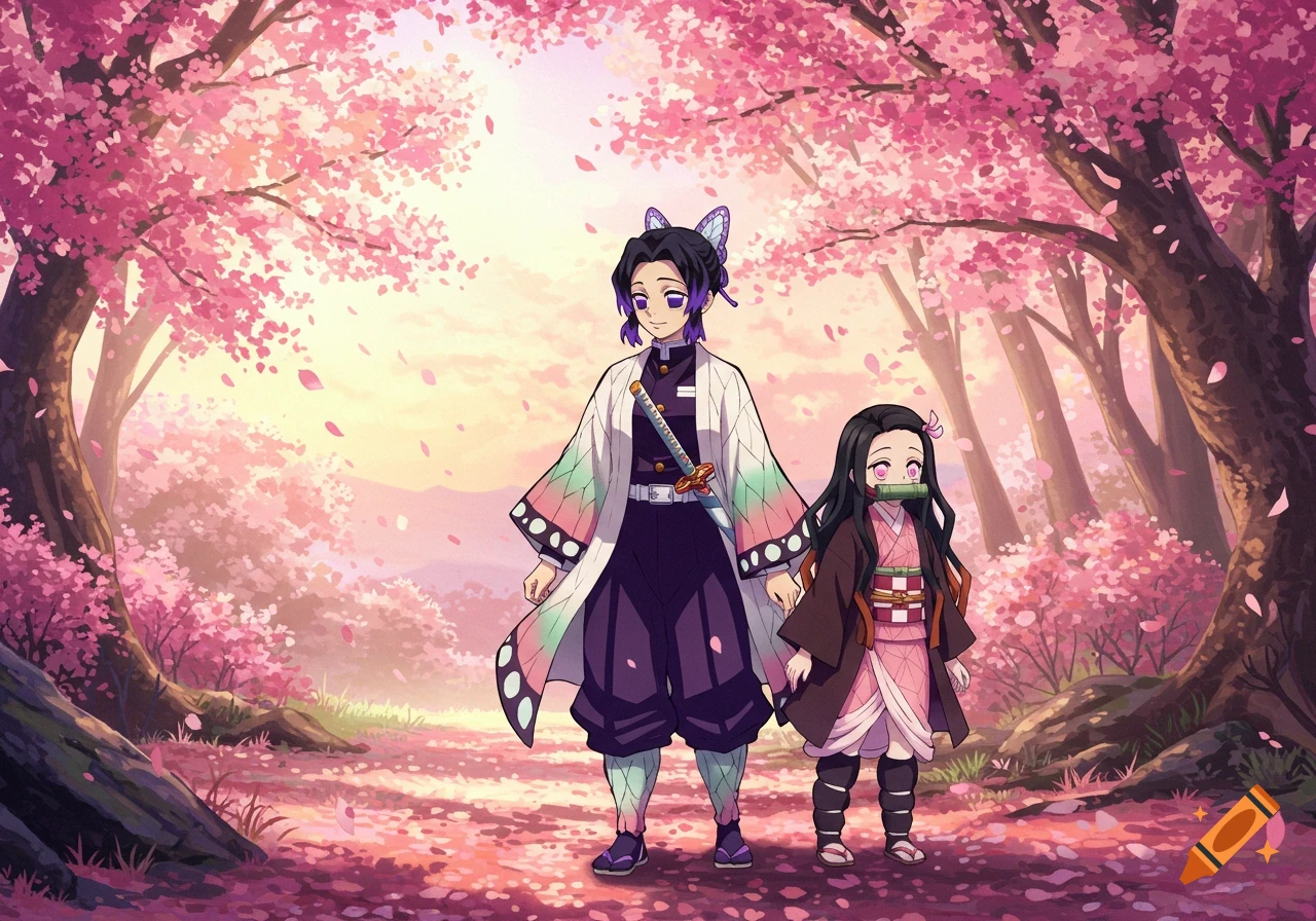 Anime characters Shinobu and Nezuko from Demon Slayer standing in a beautiful cherry blossom forest.