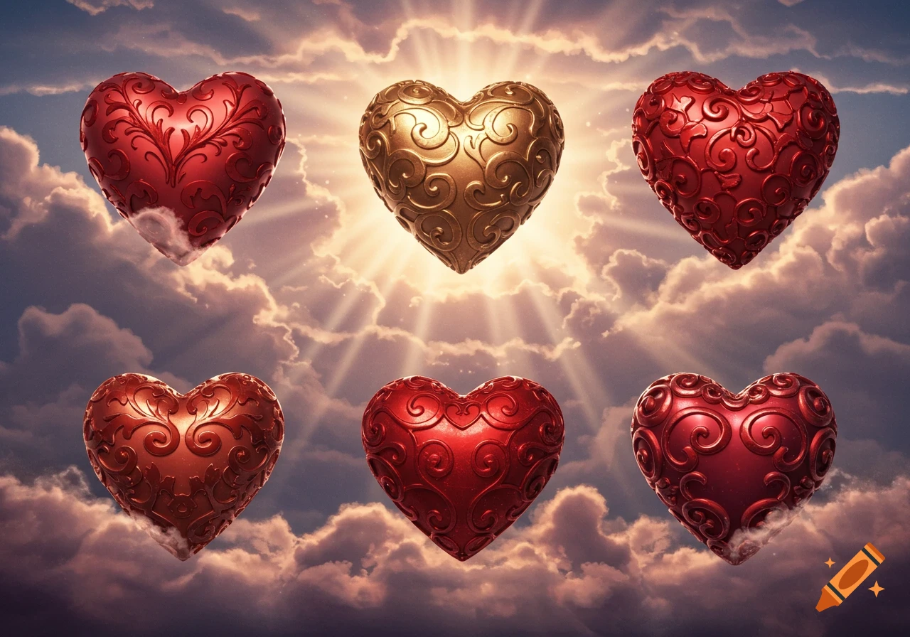 Six ornate red and gold hearts float in a dramatic sky filled with sun-drenched clouds.
