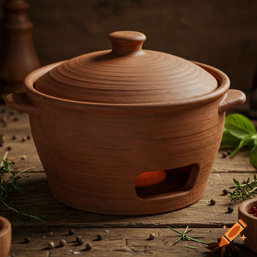 Photorealistic brown clay pot with lid and warming opening, on a rustic wooden table with scattered peppercorns, herbs, and spices.