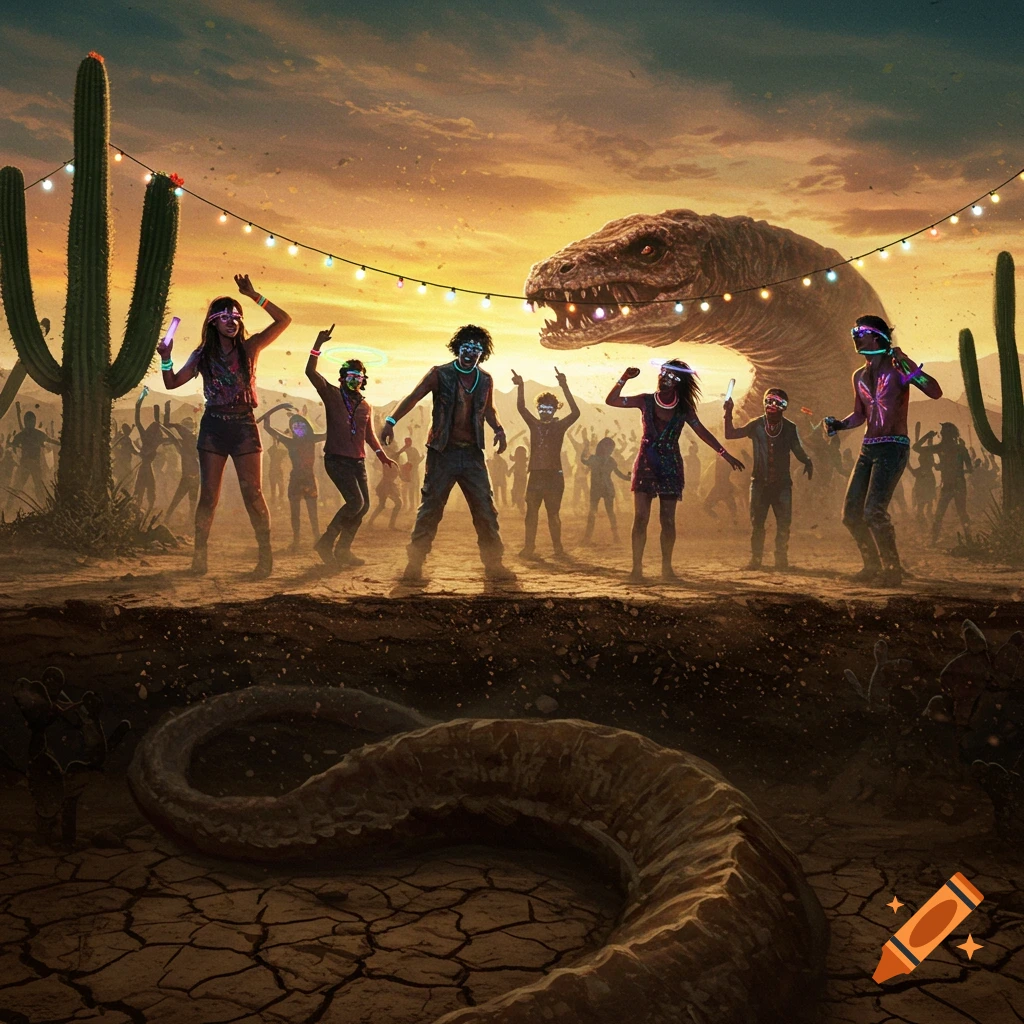 A desert rave at sunset with people in glow-in-the-dark gear dancing above a massive worm-like creature emerging from cracked earth.