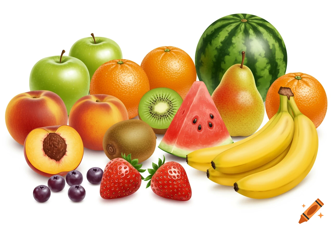 A photorealistic assortment of fresh fruits including apples, oranges, peaches, kiwi, watermelon, pear, bananas, strawberries, and blueberries on a white background.