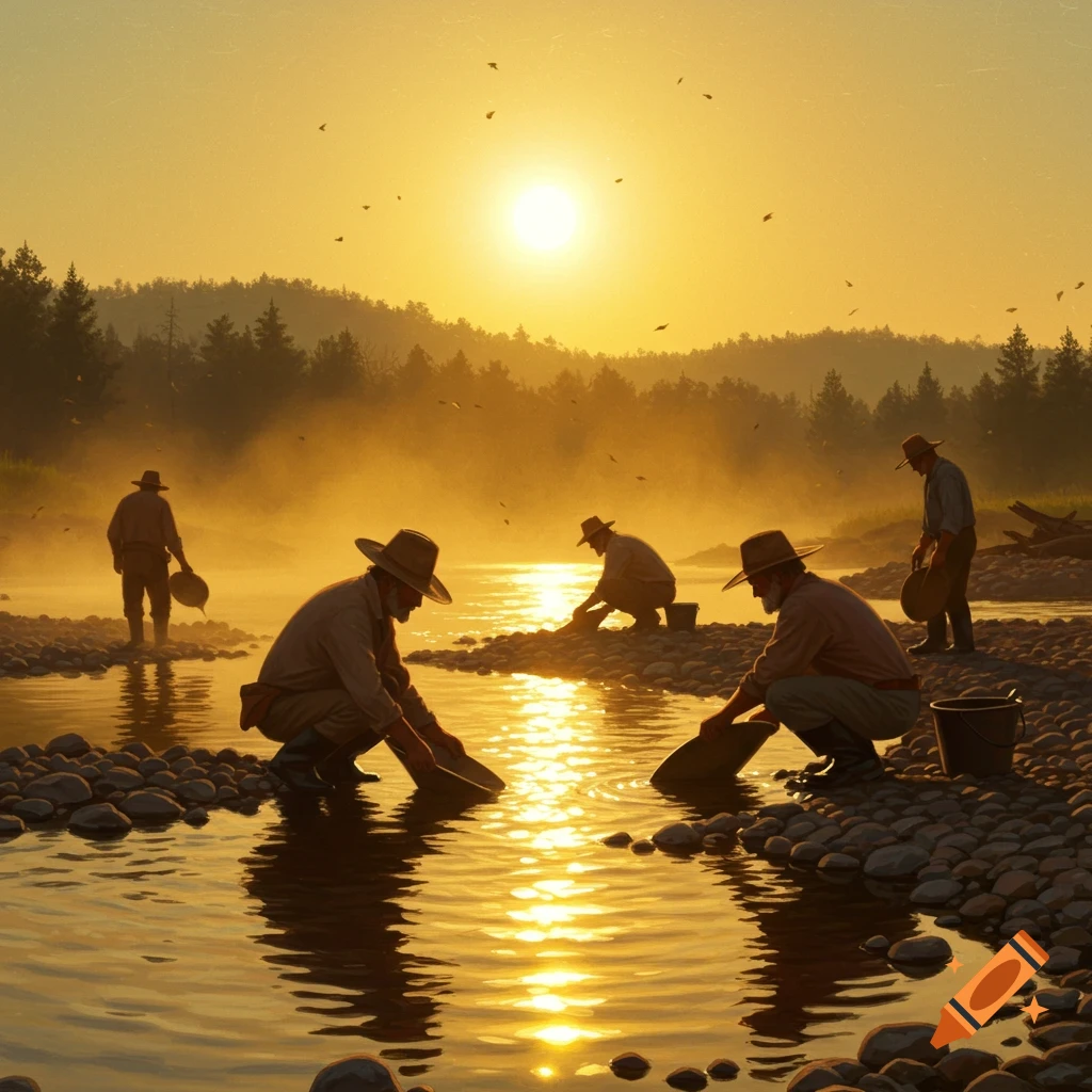 Four gold miners pan for gold in a misty river at sunrise, with forested hills in the background. The scene has a warm, golden glow.