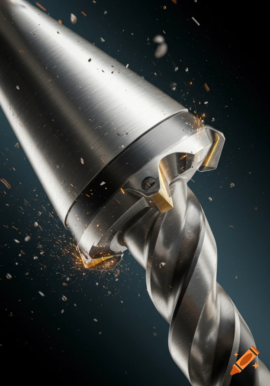 Photorealistic close-up of a spinning metal drill bit, generating sparks and metal shavings.
