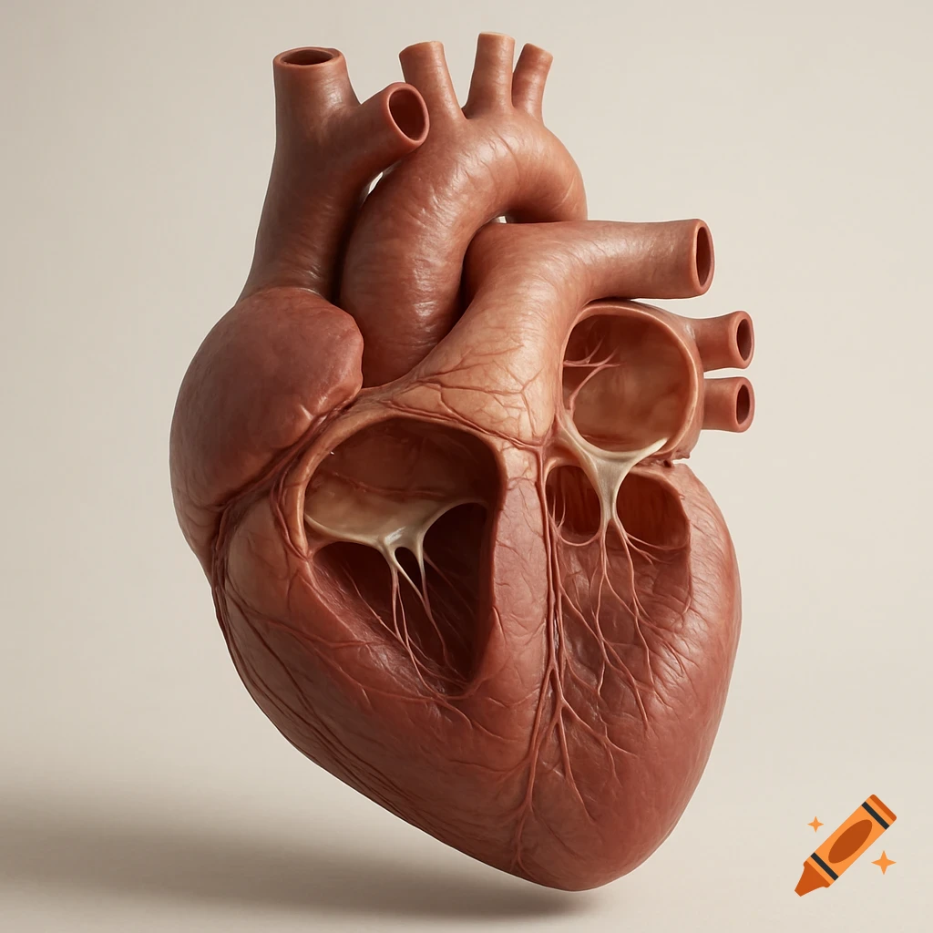 A detailed 3D render of a human heart model, cut open to reveal its chambers and valves.