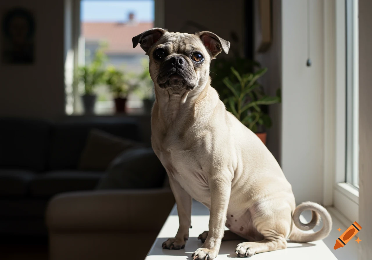A pug dog sitting by a sunlit window, looking directly at the camera.
