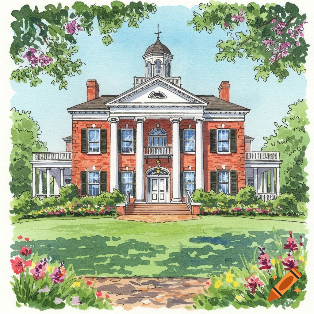Whimsical watercolor painting of a grand red-brick southern mansion with white columns, greenery, and flowers.