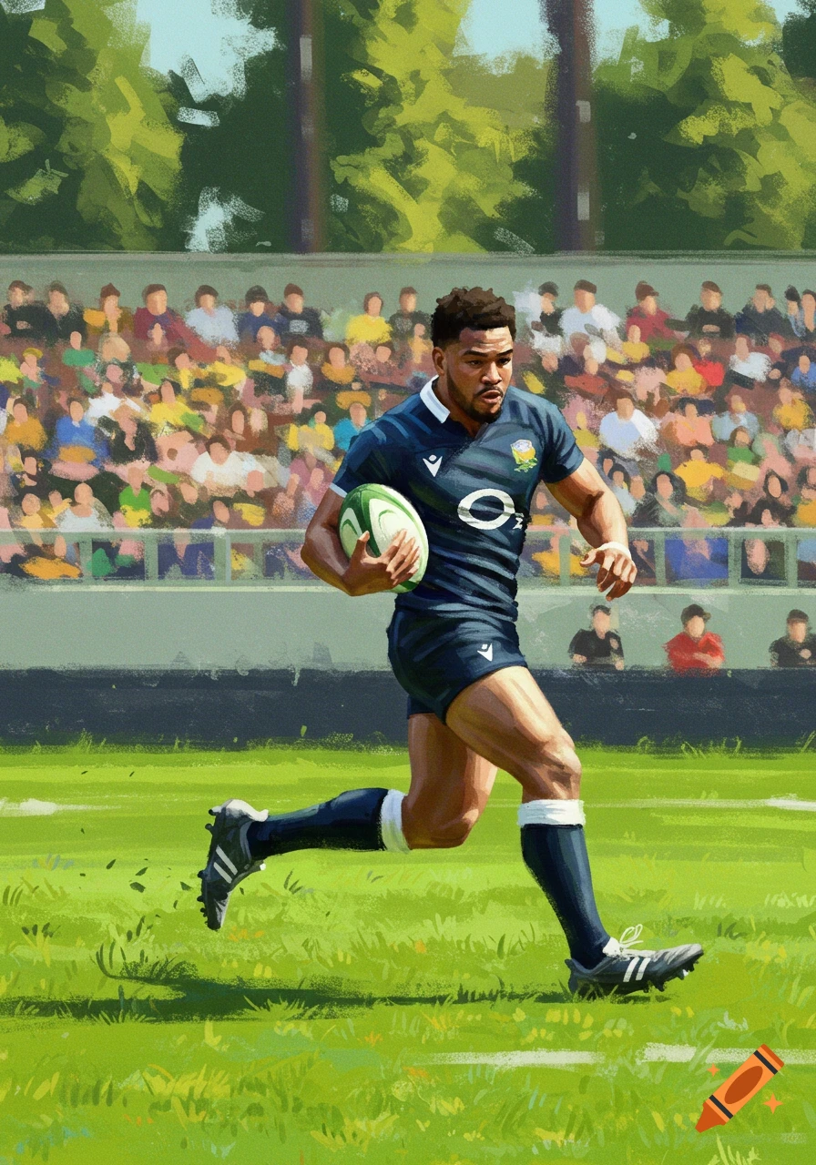 A rugby player in a dark blue uniform runs across a green field, holding a rugby ball, with spectators in the background. Painted in a style reminiscent of Monet.