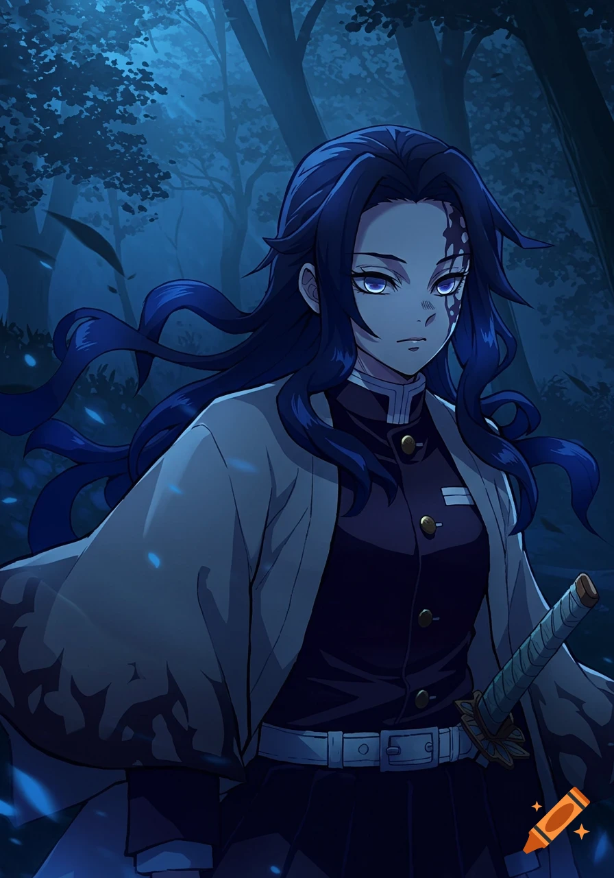 Anime-style female Demon Slayer with dark blue hair, black uniform, and patterned haori, standing in a dark forest at night.