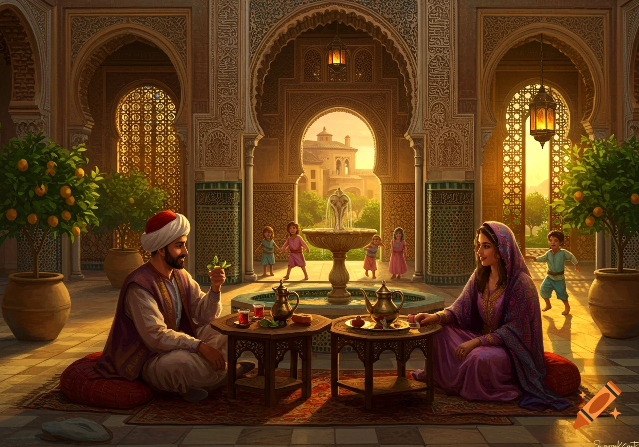 A Moorish family rests in an ornate palace courtyard with a fountain and orange trees, children playing in the background.