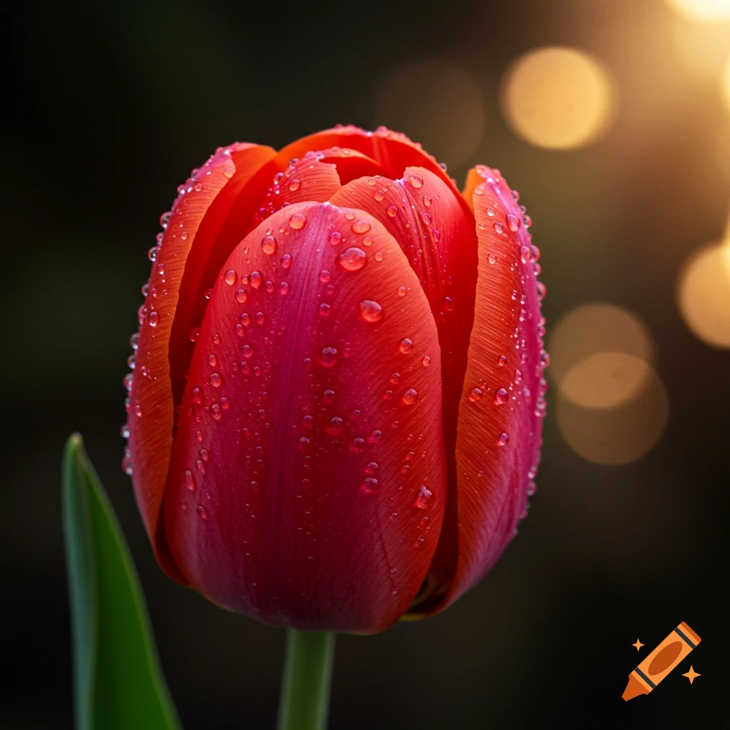 Close-up of a vibrant red tulip covered in water droplets, against a soft, blurred dark background with warm bokeh lights.