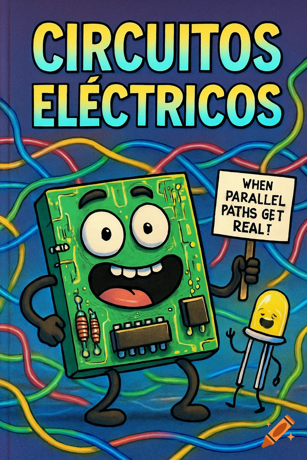A cartoon circuit board character and a LED character among colorful wires. Text reads 'CIRCUITOS ELÉCTRICOS' and 'WHEN PARALLEL PATHS GET REAL!'