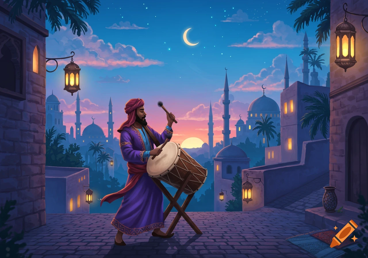 Illustrated man in traditional attire playing a drum on a city rooftop at twilight with mosques, lanterns, and a crescent moon.