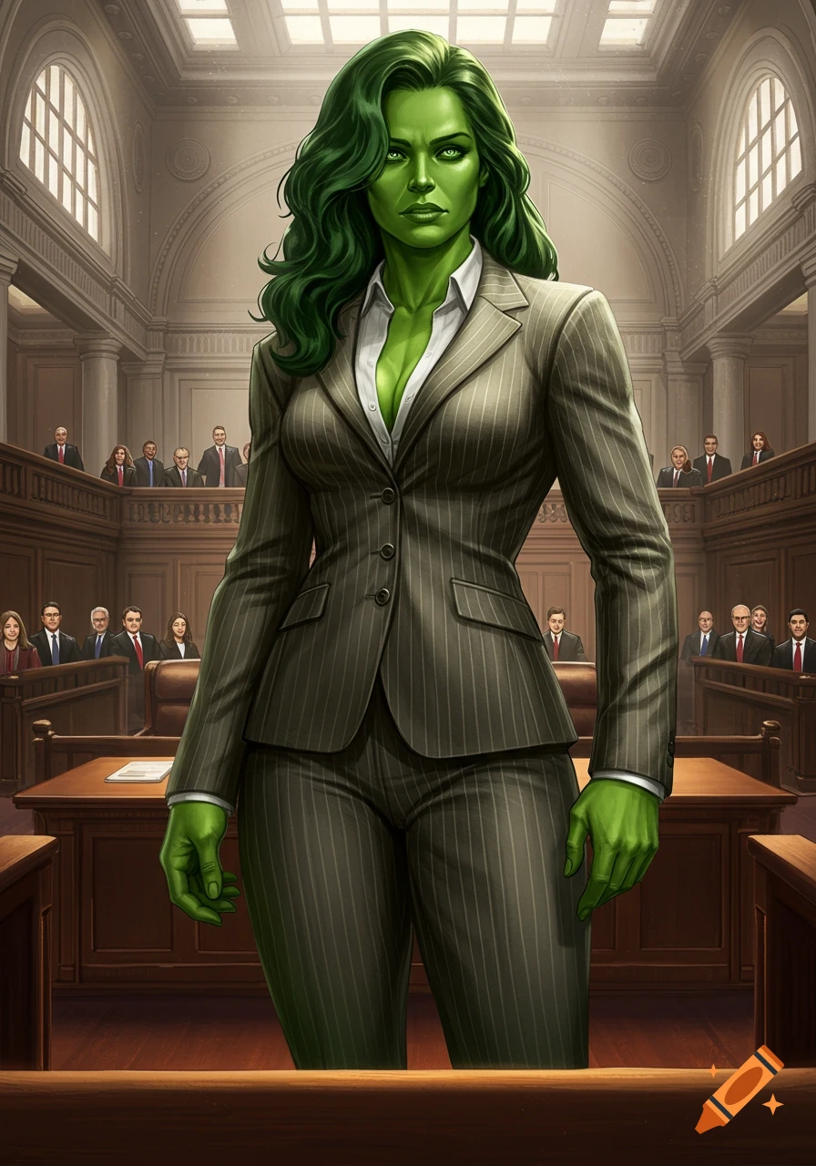 She-Hulk in a pinstriped business suit stands confidently in a detailed courtroom, depicted in a comic art style.