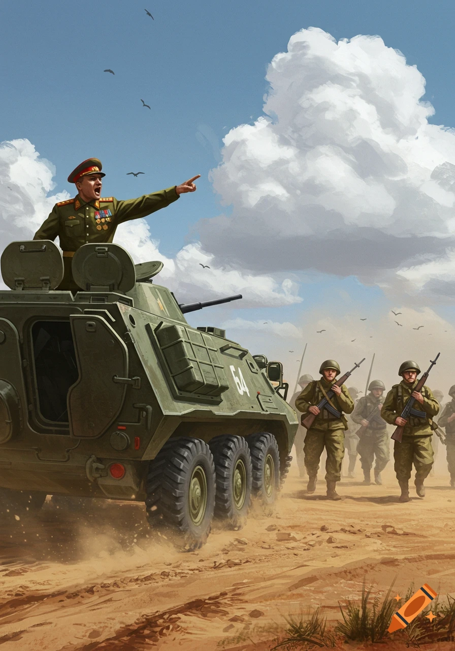 An army captain in a BTR-50 APC points and yells at soldiers marching behind him on a dusty plain under a cloudy sky.