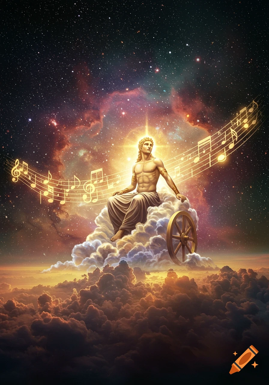 A radiant god-like figure sits on clouds, surrounded by glowing musical notes and a wooden wheel, against a starry cosmic sky with colorful nebulae.