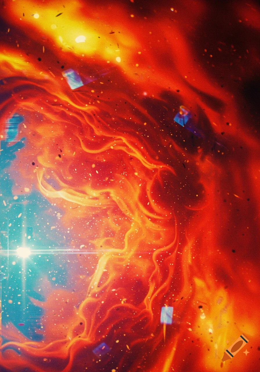 Vibrant abstract psychedelic background with swirling red, orange, yellow, and blue colors, sparkling particles, and a bright light flare.