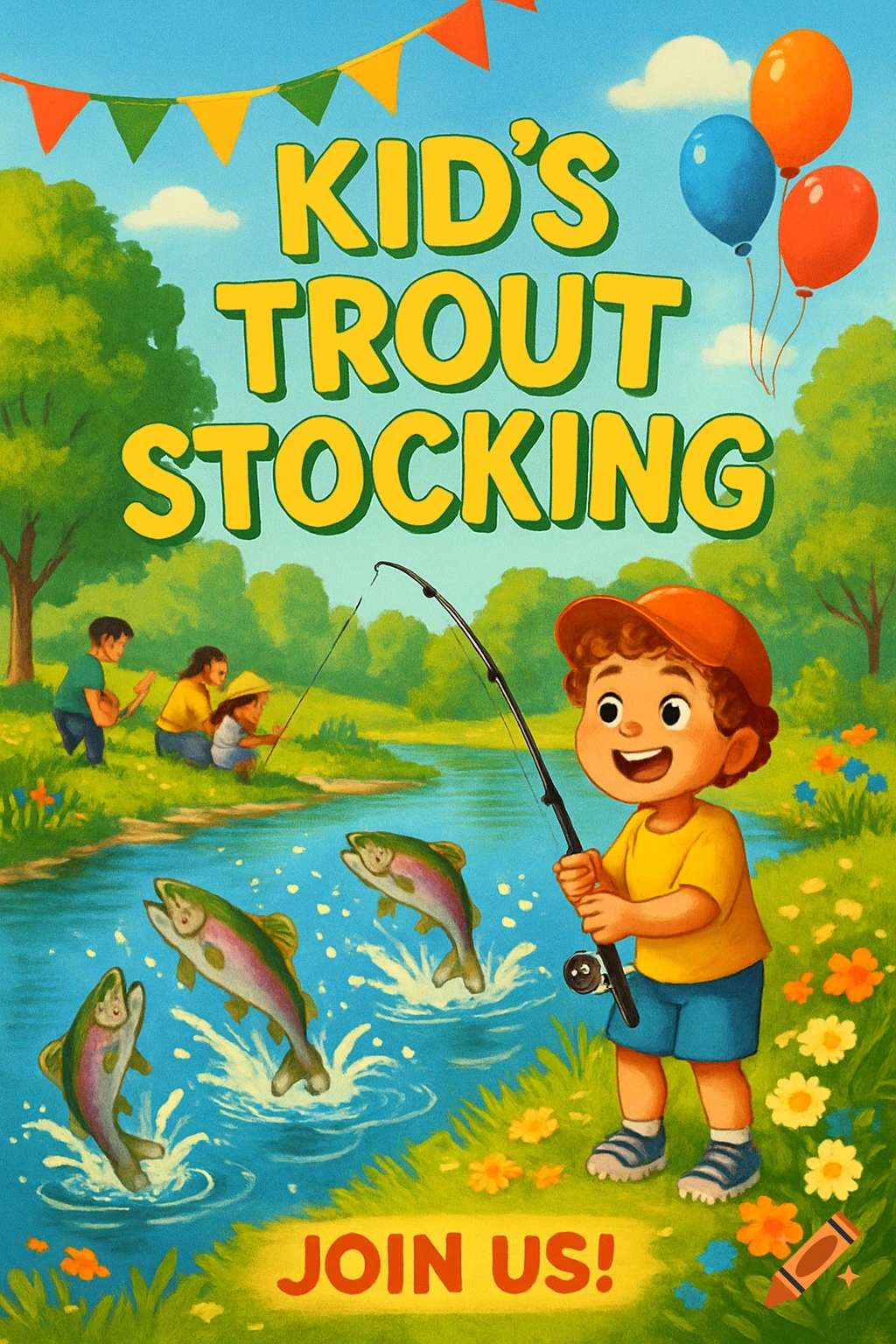 Cartoon flyer showing a boy fishing and trout jumping from a river, with text 'KID'S TROUT STOCKING' and 'JOIN US!'.