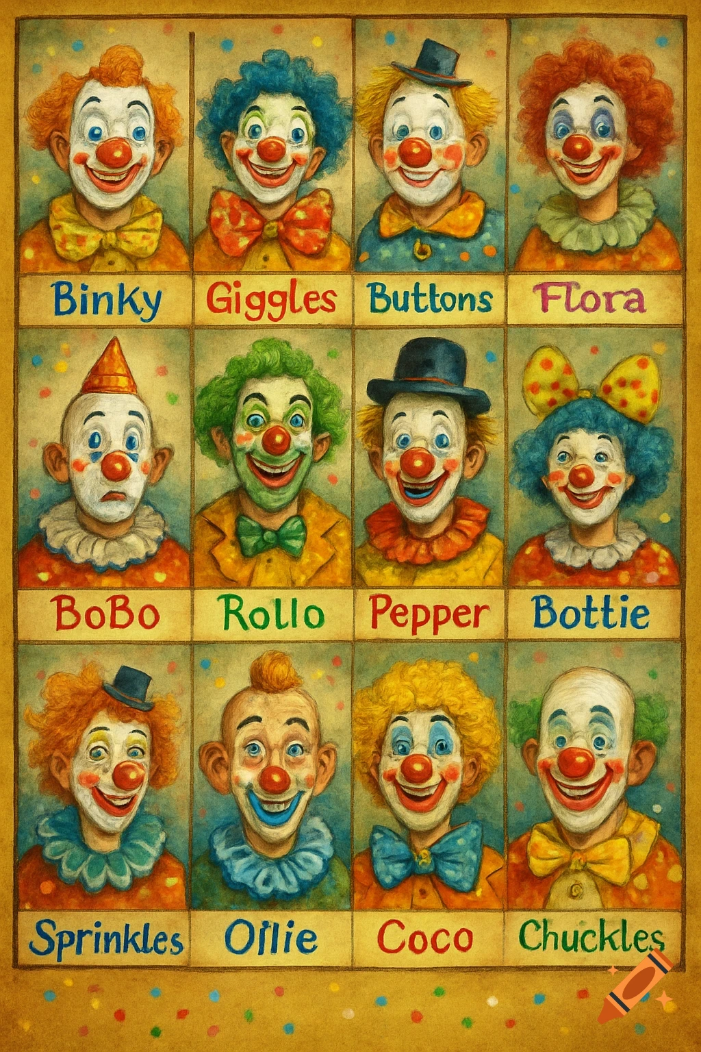 A yearbook-style collage with twelve colorful clown portraits, each with a name below it like Binky, Giggles, and Buttons.