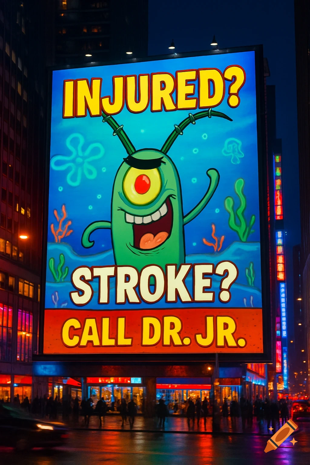 A large billboard in a city at night shows Plankton from Spongebob advertising: 'Injured? Stroke? Call Dr. Jr.'
