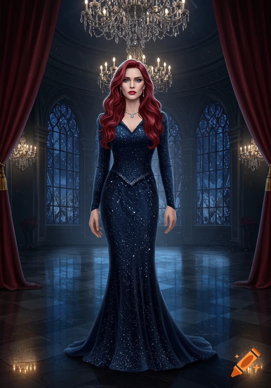 A woman with long red hair in a shimmering dark blue gown stands in a grand, gothic hall.