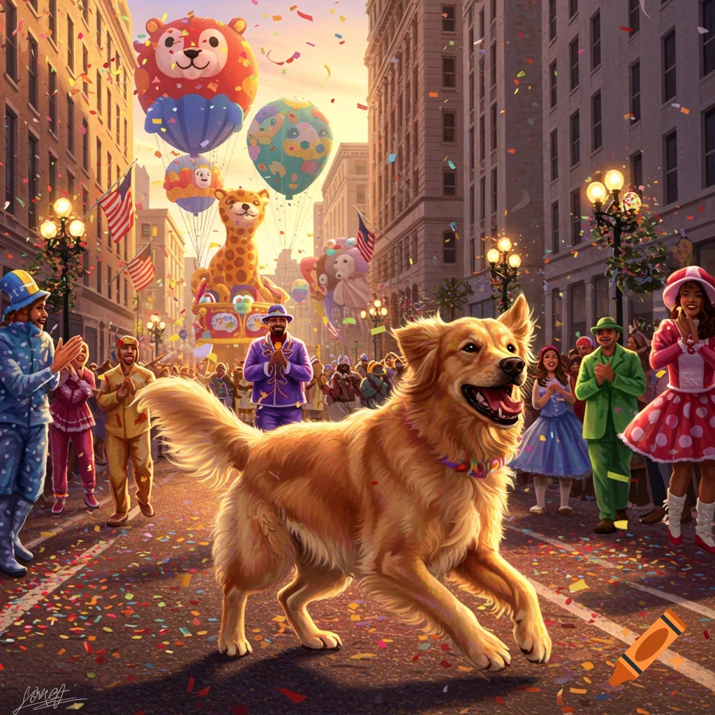 A happy golden retriever runs down a confetti-strewn city street during a vibrant parade with large animal balloons and cheering crowds.