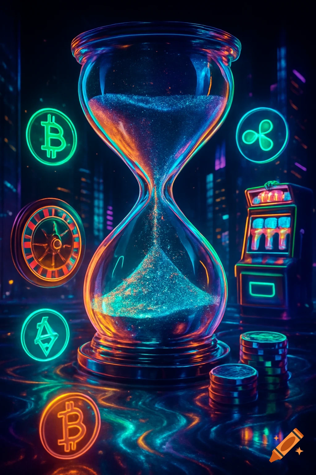 A vibrant neon-lit hourglass with sparkling sand, surrounded by glowing cryptocurrency symbols, a roulette wheel, a slot machine, and coins.