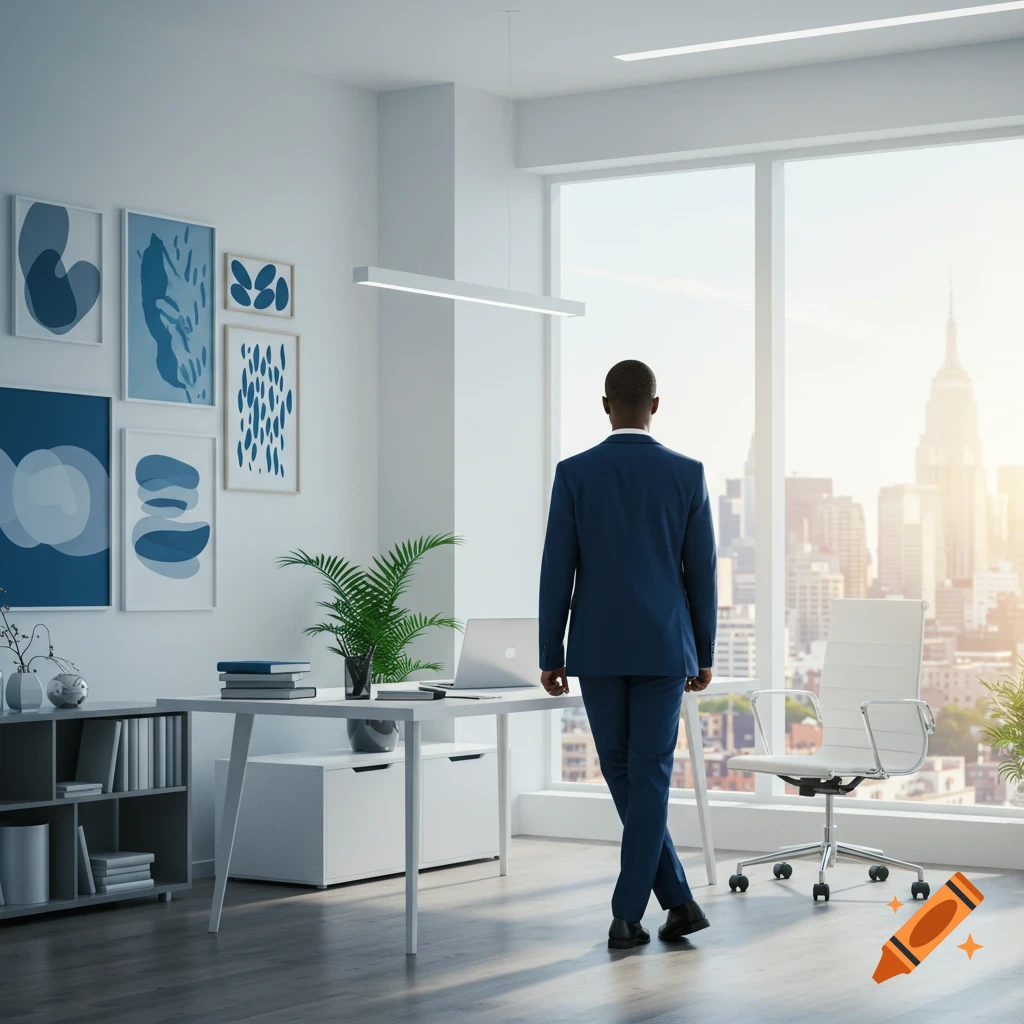 A businessman in a suit stands in a modern office, looking out a large window at a sunny city skyline.