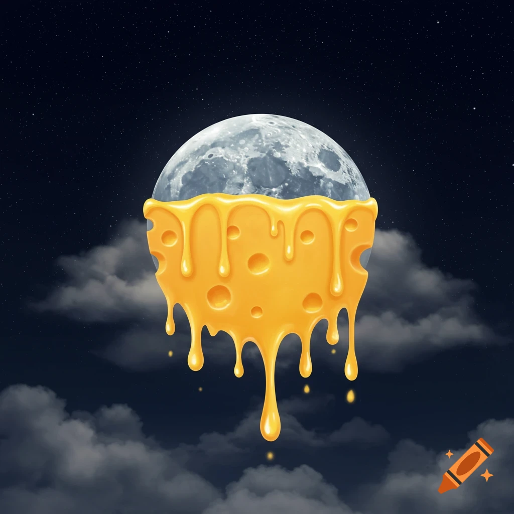 A full moon with melting yellow cheese dripping from its bottom, against a starry night sky with dark clouds.