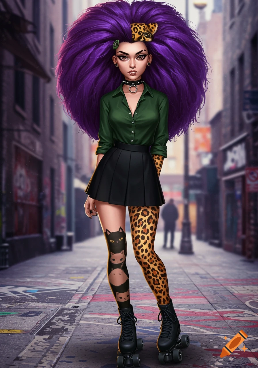A stylized young woman with voluminous purple hair, a cheetah print bow, green shirt, black skirt, cat and leopard print tights, and roller skates stands on an urban street.