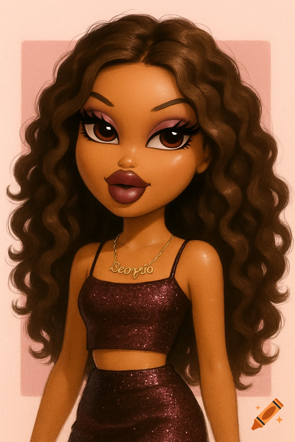 Bratz doll-inspired illustration of a girl with curly brown hair, sparkly burgundy outfit, and 'Scorpio' necklace.