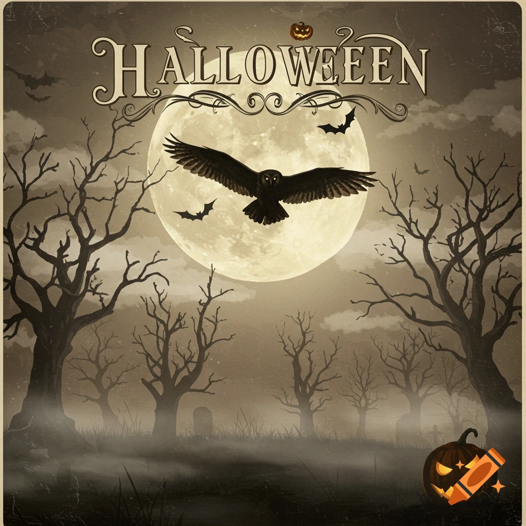 Vintage Halloween poster with an owl flying before a full moon, surrounded by bare trees, bats, and a glowing jack-o'-lantern.