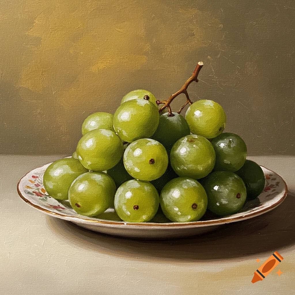 An oil painting of a cluster of fresh green grapes on a decorative white plate with a brown rim and floral patterns.