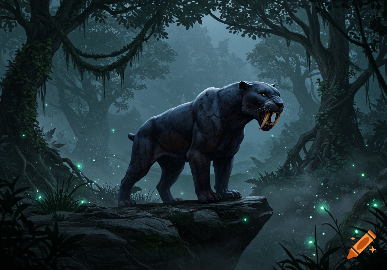 A dark saber-toothed cat stands on a rock in a mystical, misty jungle with glowing green lights, fantasy art.