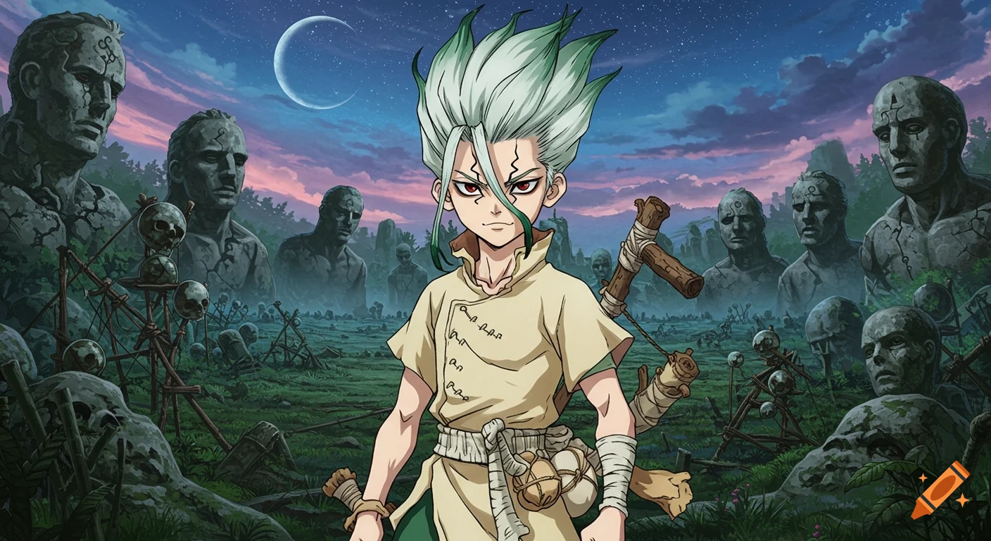 An anime character with spiky white and green hair stands in a post-apocalyptic landscape filled with petrified human statues and skulls under a twilight sky.