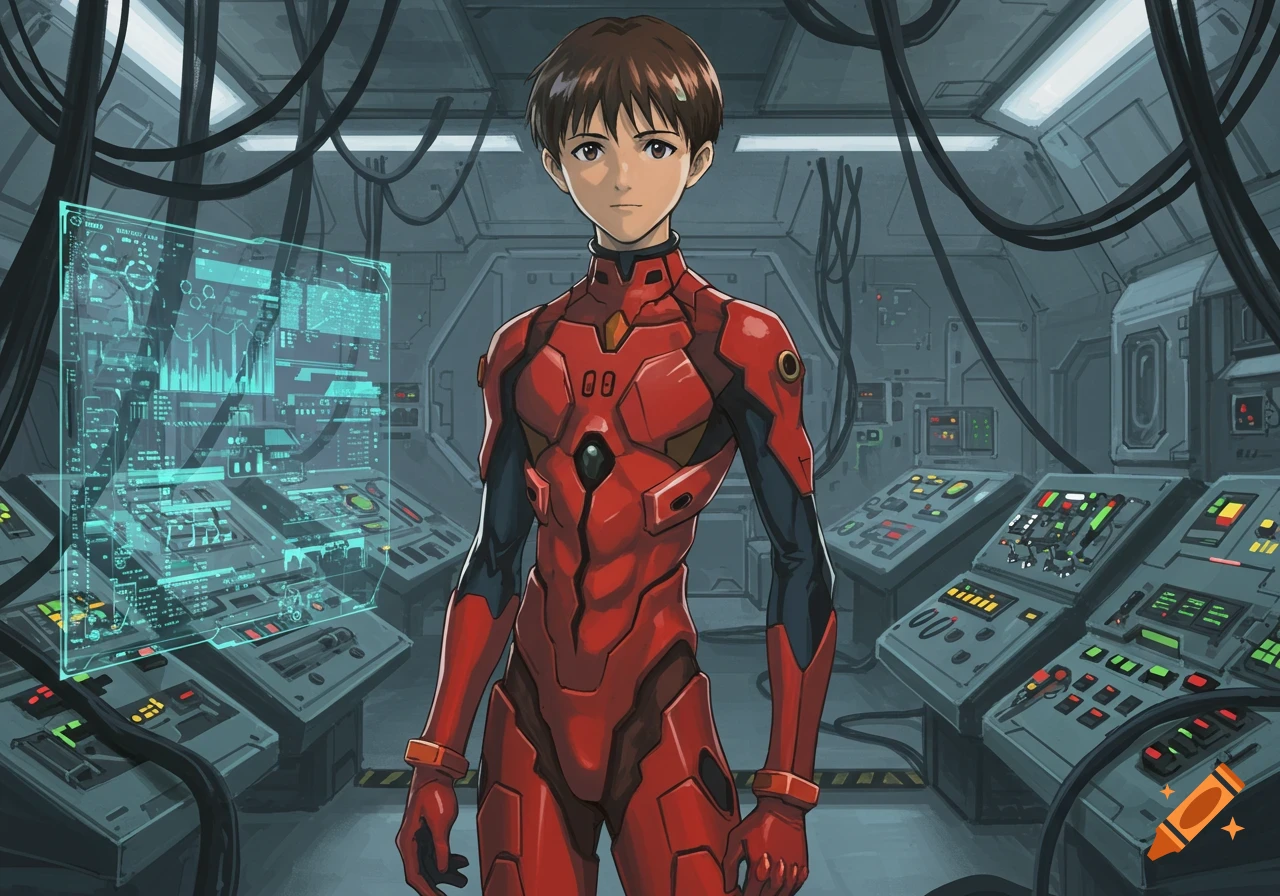 An anime boy in a red pilot suit stands in a futuristic control room with glowing blue screens.