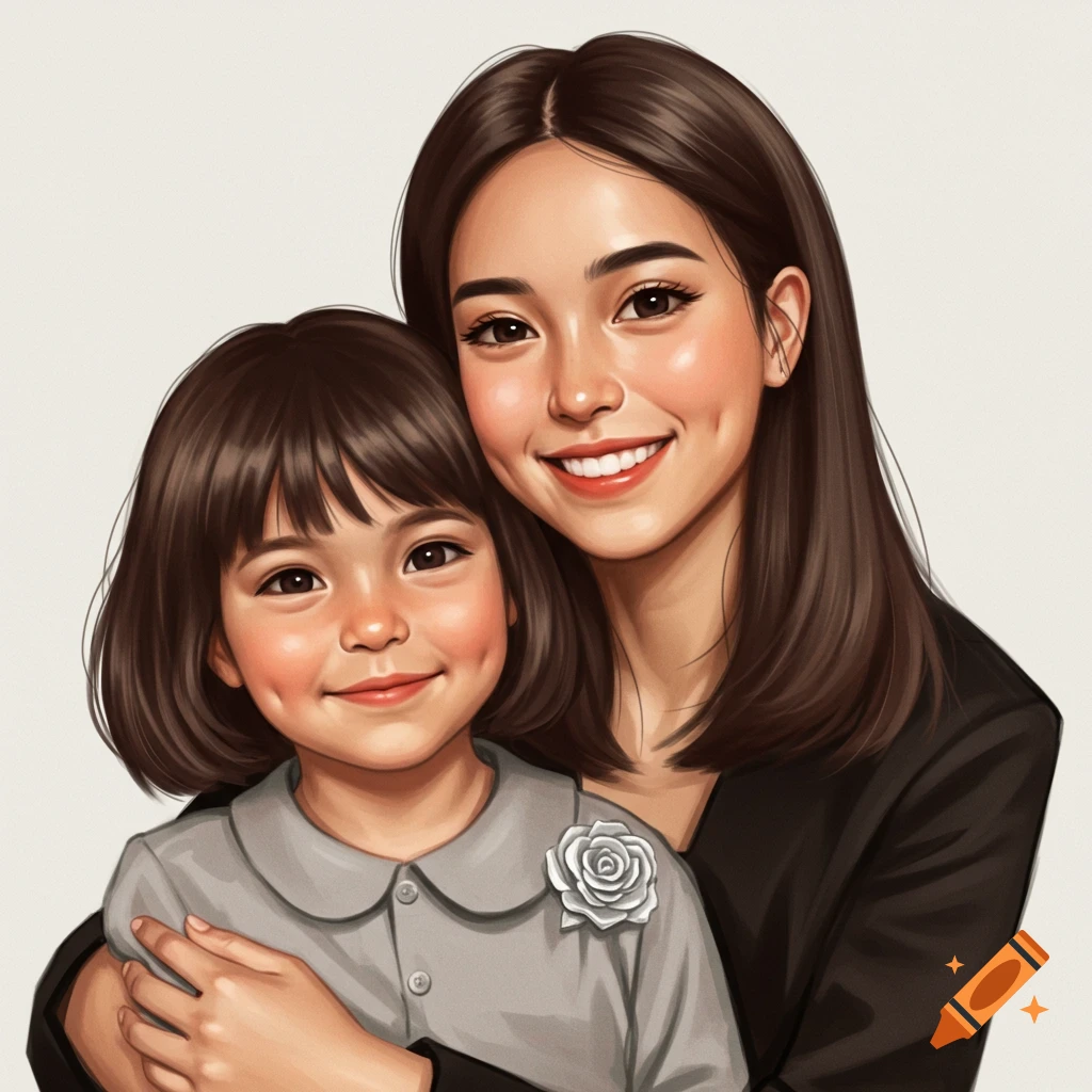 Digital art portrait of a smiling young woman with brown hair embracing a smiling child, both with dimples, on a simple background.