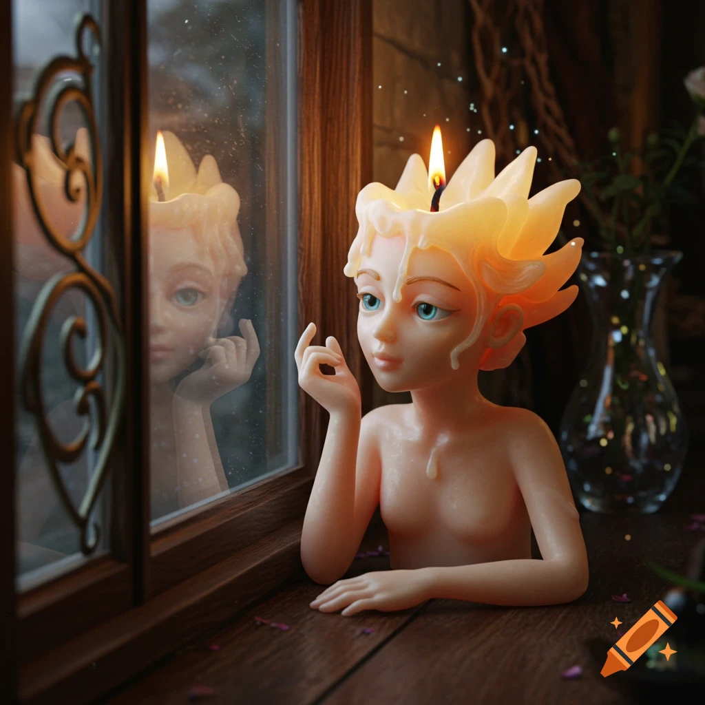 A detailed 3D render of an anthropomorphic candle with fiery hair, gazing out a window, its reflection visible in the glass.
