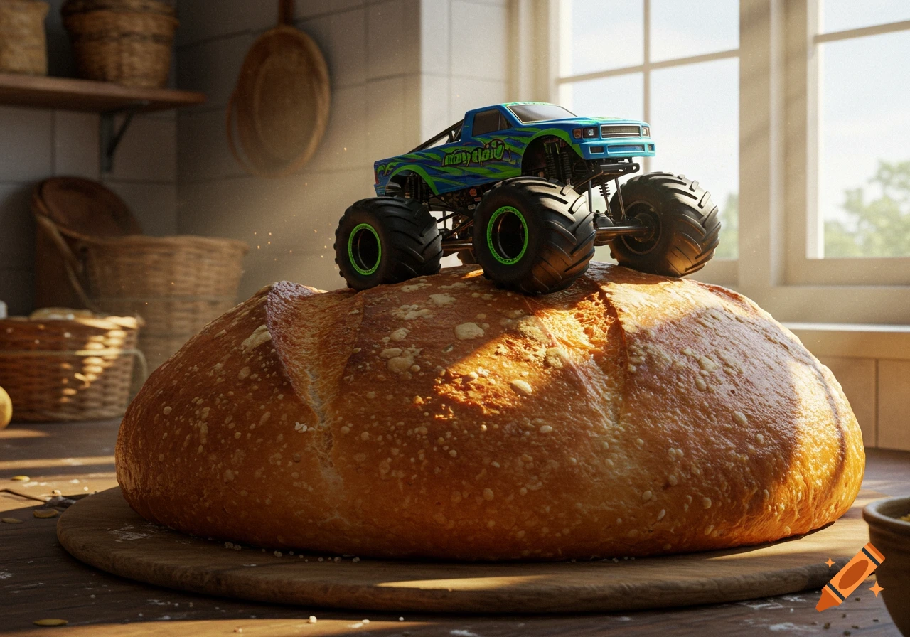 A blue and green monster truck sits atop a large, golden-brown loaf of bread on a wooden cutting board in a sunlit kitchen.