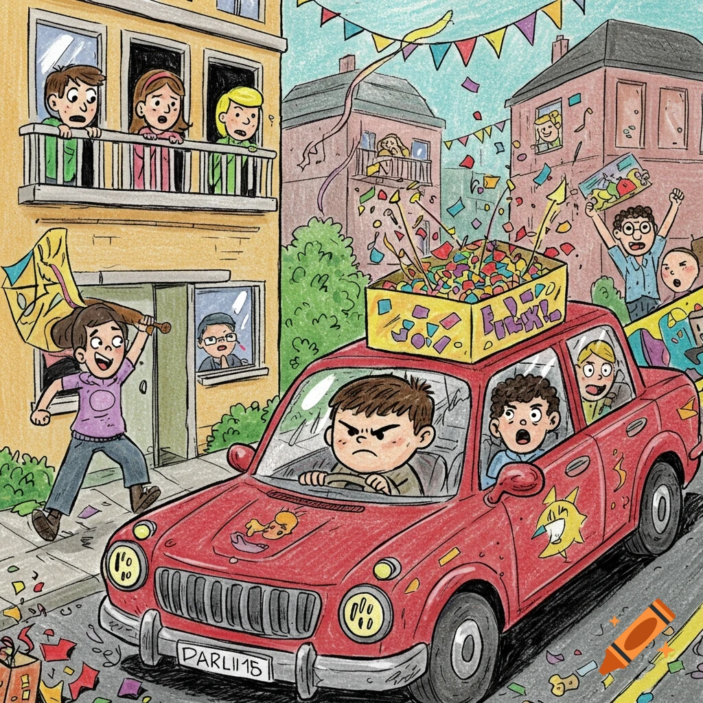 A colorful comic strip drawing of a chaotic parade with an angry boy driving a red car, confetti, and people watching from buildings.