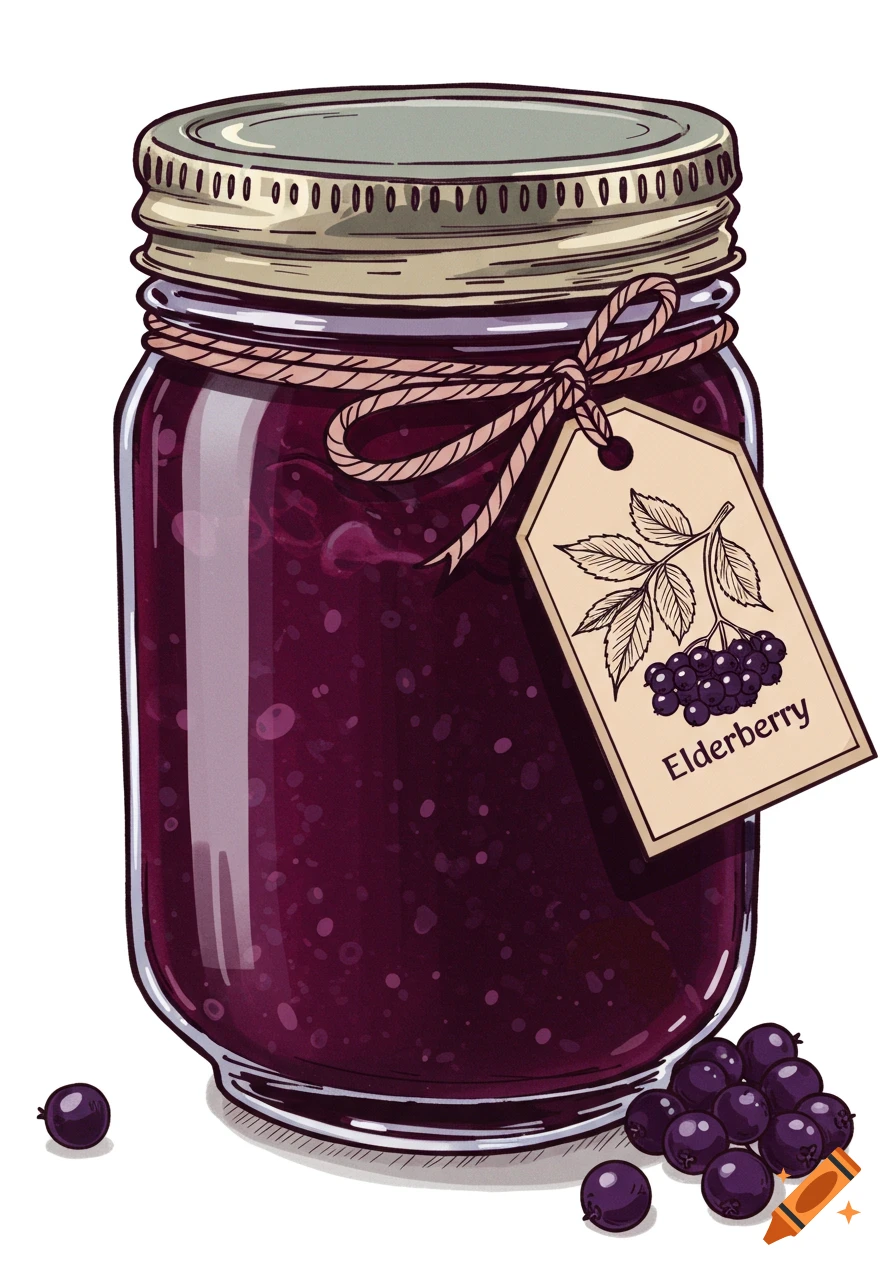 Cute illustration of a jar of elderberry jam with a label and loose elderberries.
