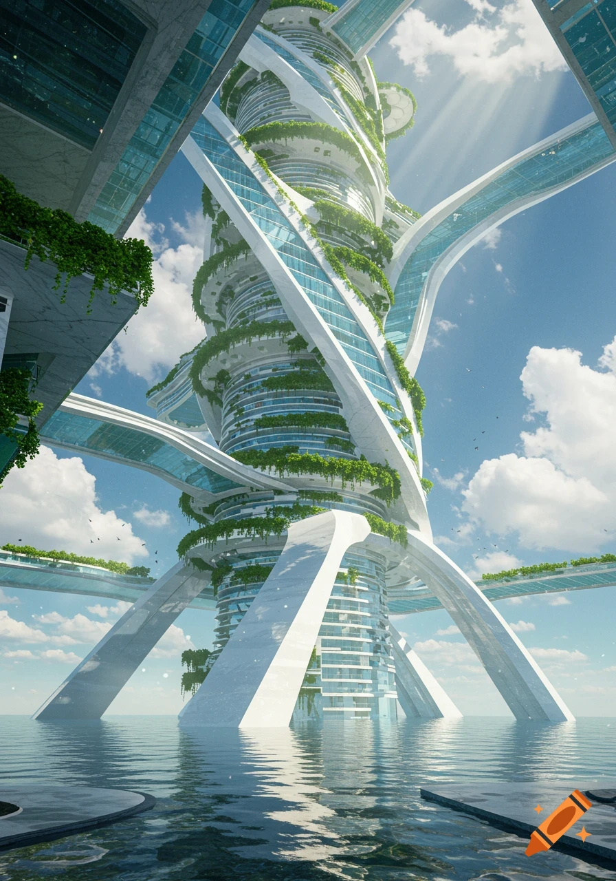 A towering, vine-covered futuristic skyscraper with connecting bridges rises from a body of water under a bright sky.