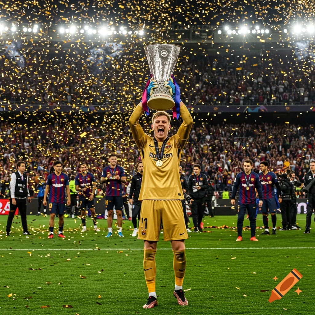 A photorealistic image of a Barcelona goalkeeper in a gold uniform holding the Europa League trophy high above his head on a confetti-strewn football field with cheering fans in the background.