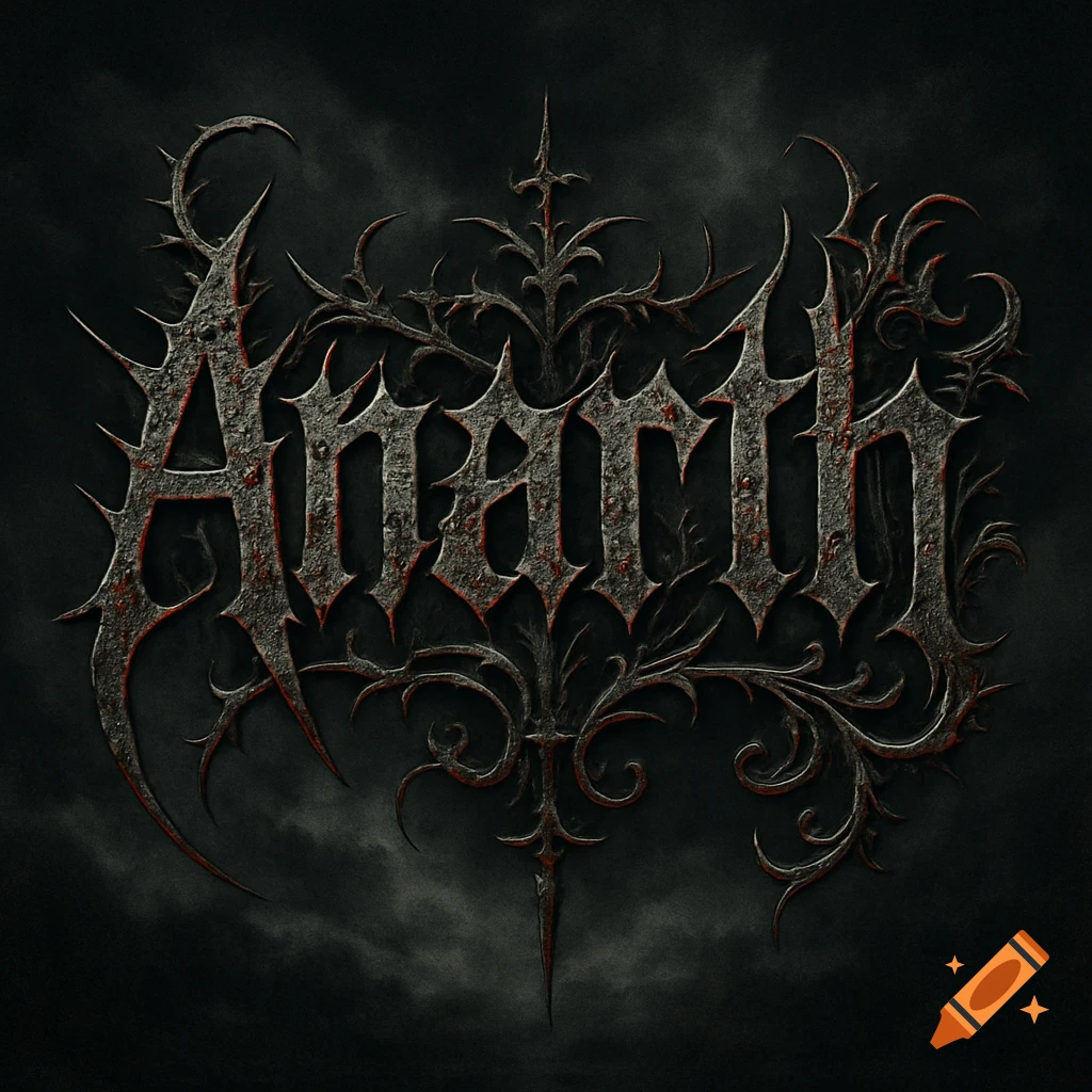A dark, stylized metal band logo featuring the word "Anarth" in a spiky, textured font with red accents, set against a dark, cloudy background.