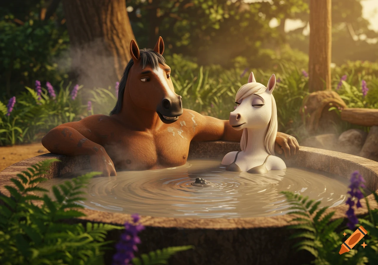 Anthropomorphic male and female horses relaxing in a steaming mud hot tub in a lush forest, 3D animation.