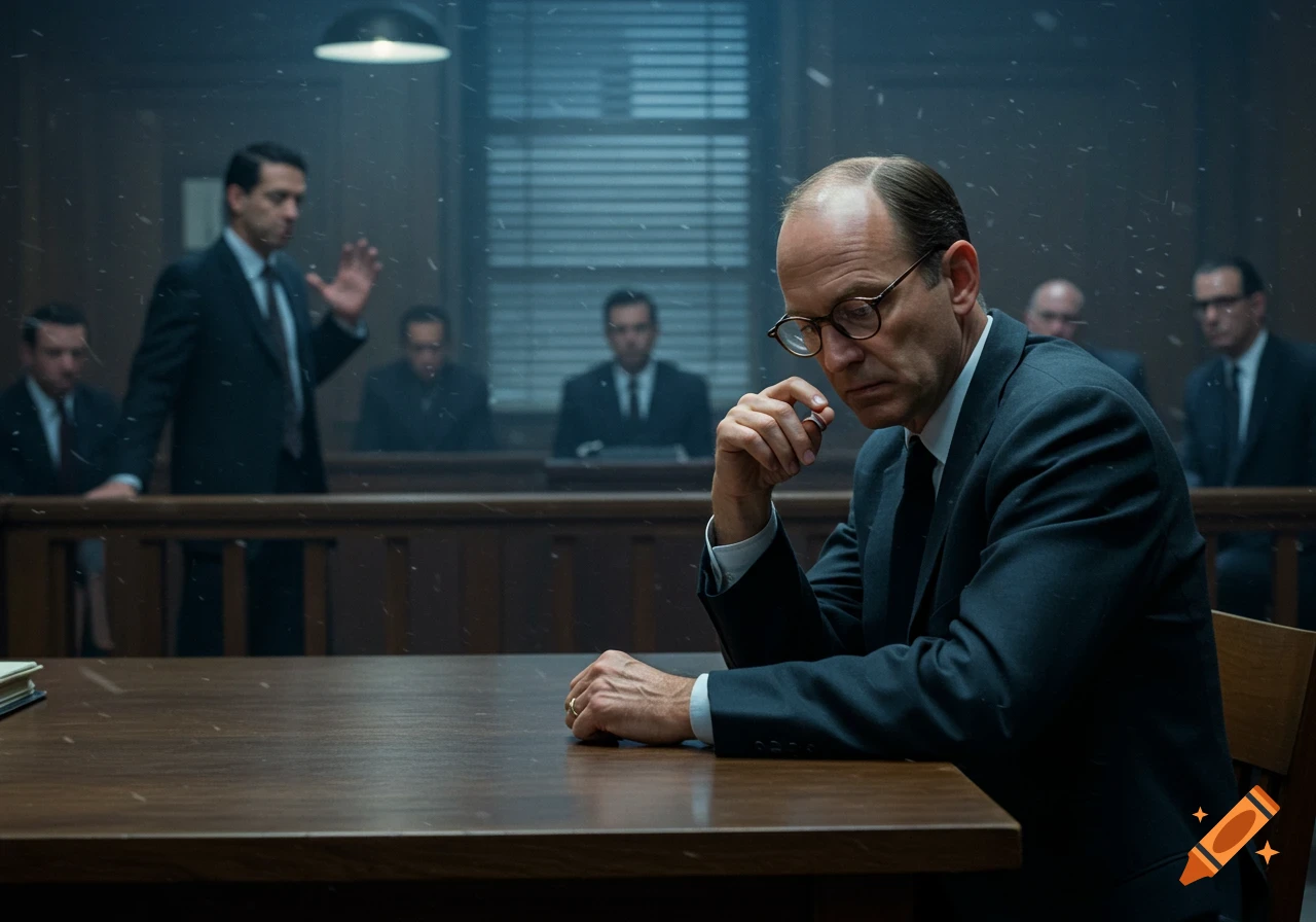 Photorealistic image of a balding man in glasses and a suit, sitting at a table in a dimly lit courtroom, looking thoughtful.