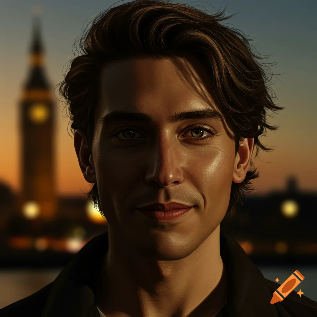 Photorealistic portrait of a smiling man with brown hair and green eyes, with a blurred cityscape and Big Ben at dusk in the background.