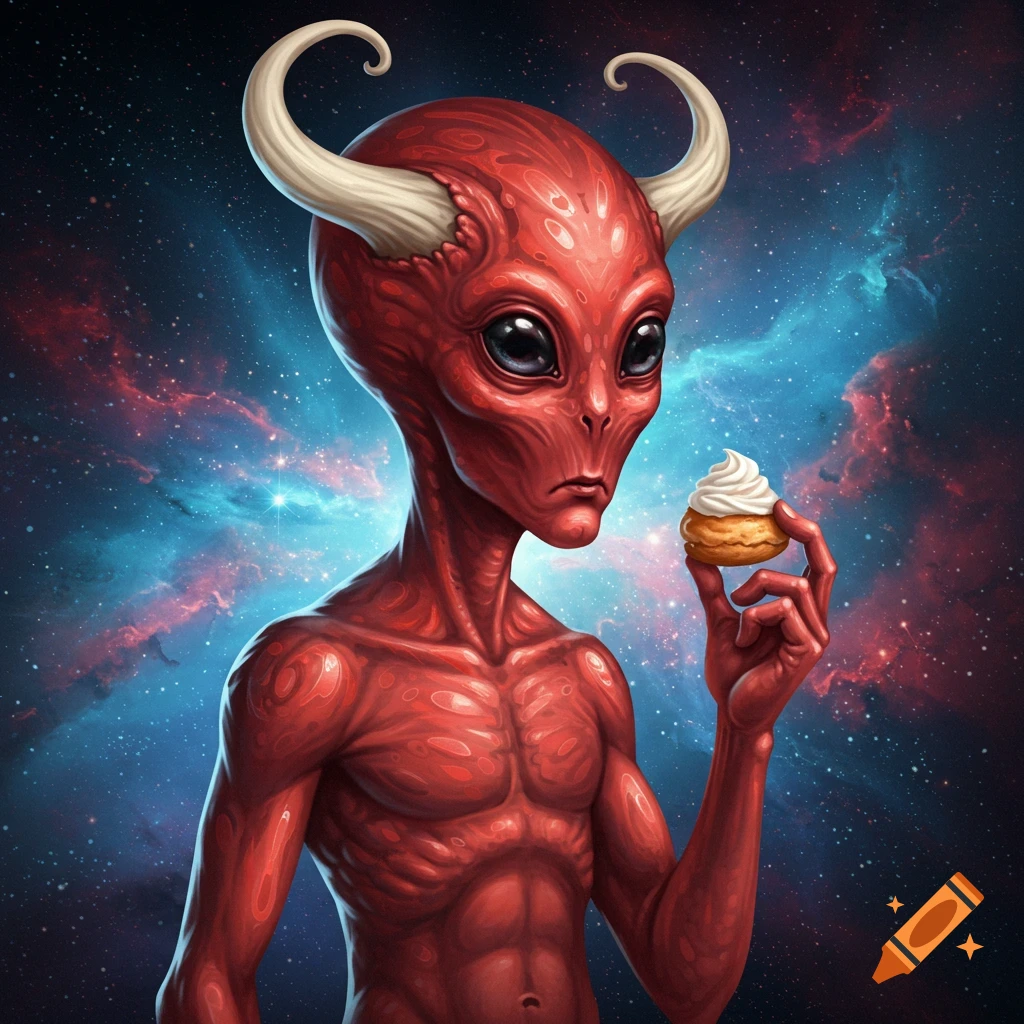 A red, horned alien with large eyes holding a cream puff in space with nebulae and stars.