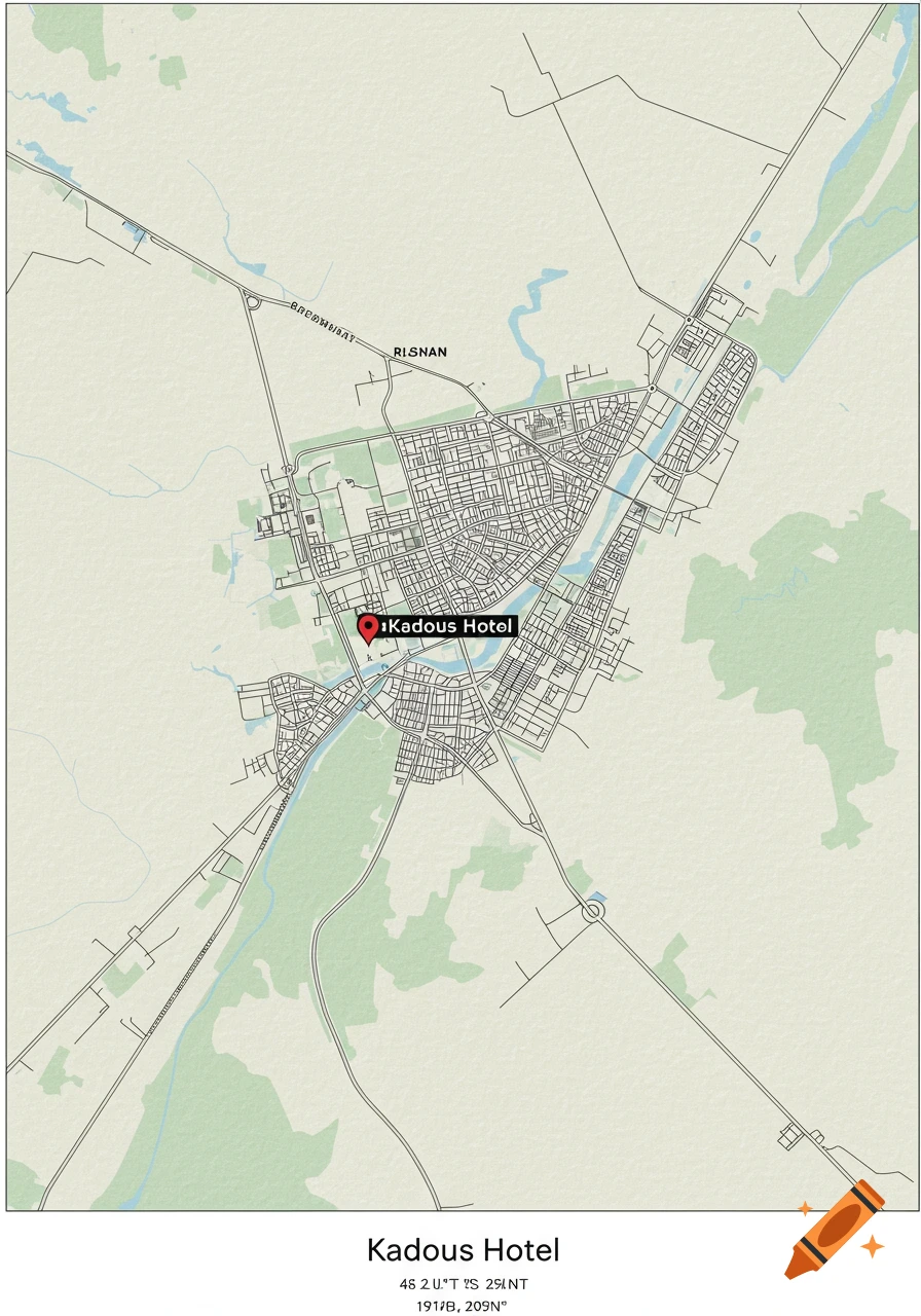 A minimalist map of an area with a town, roads, rivers, and forests, marking Kadous Hotel with a red pin.